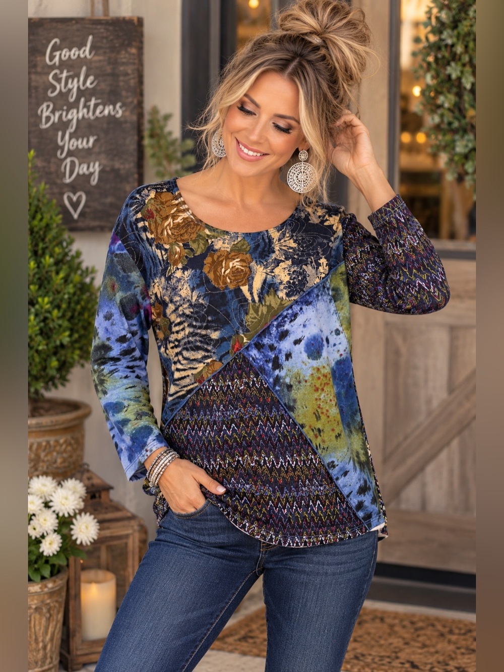 Jessica Max L Boho Patchwork Floral Mixed Print Artsy Long Sleeve Top
